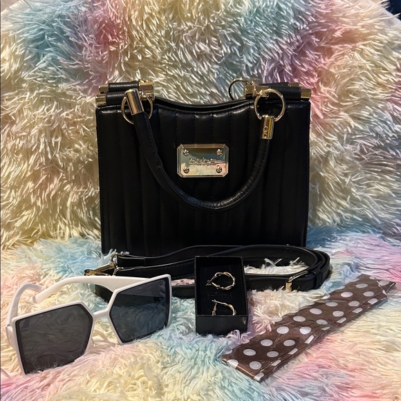 Bebe black handbag/ crossbody NWOT white Sunglasses, Twilly & Gold twis Earrings - Picture 1 of 10